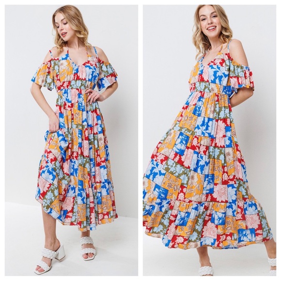 POSH LIVE START✨Boho Multi Color Off Shoulder Tiered Midi Dress - Picture 4 of 5